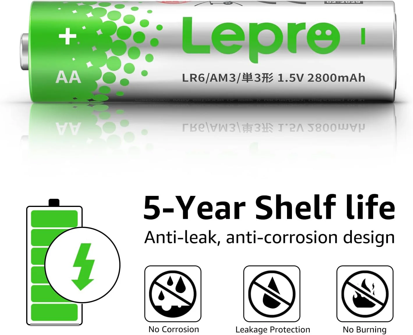 Lepro 1.5V AA Alkaline Batteries, 2800mAh Long-Lasting High Performance Double A Battery (24/48/100 Pack) - Image 3