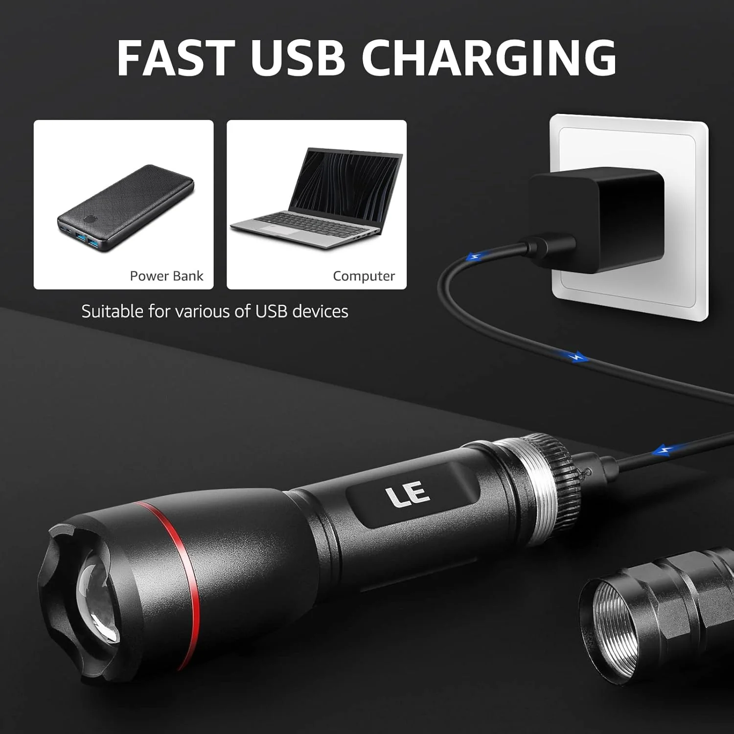 Lepro 1000LM Rechargeable Tactical Flashlight | High Power Zoomable LED Torch with USB Cable - Image 2