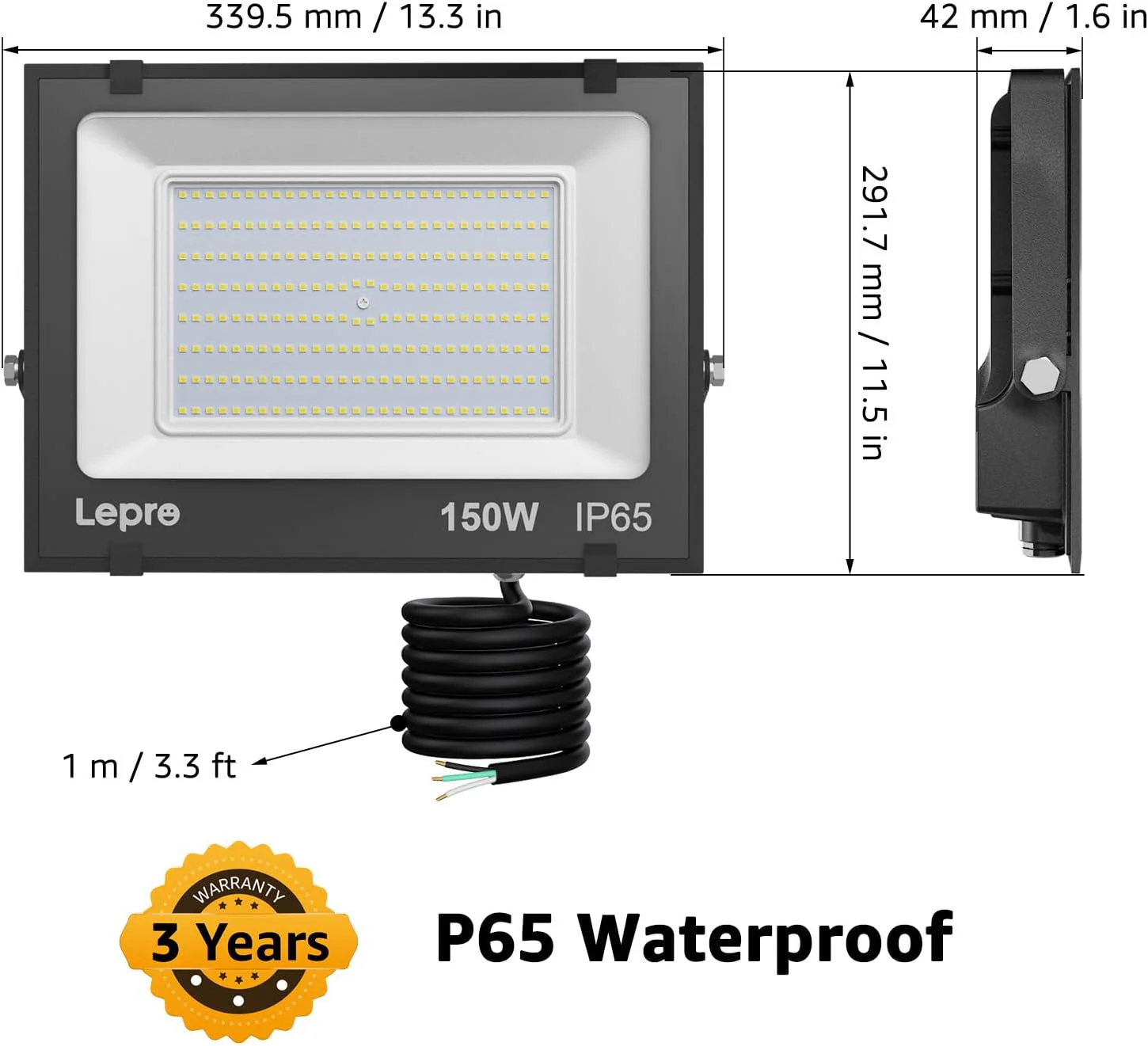 Lepro Outdoor LED Flood Light (150W, 10000LM, 5000K Daylight White) - Image 3