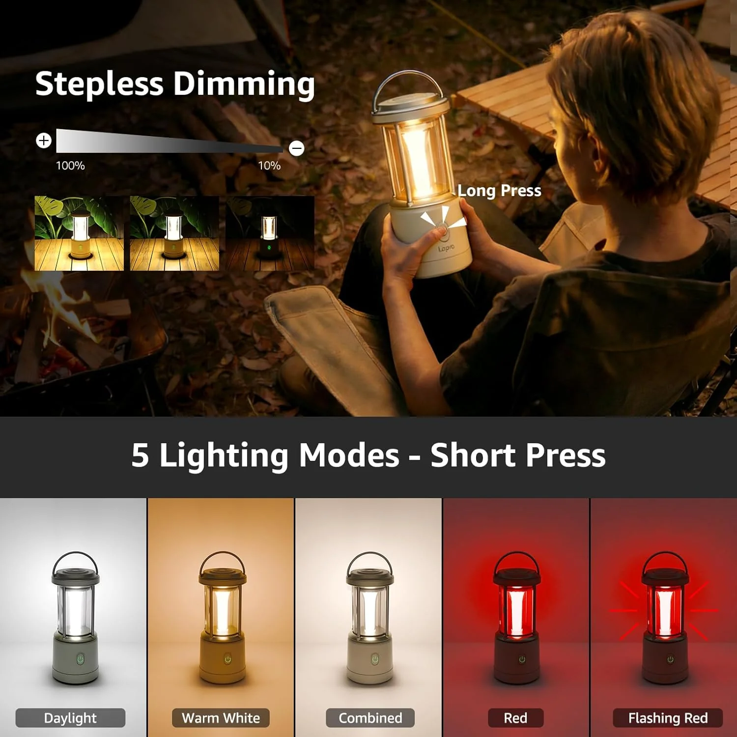 Lepro 2000LM LED Camping Lantern Rechargeable, Waterproof Tent Light with 5 Light Modes, Camping Essentials, Portable Lantern Flashlight for Camping, Emergency Light, Power Outage, USB Cable Included - Image 2