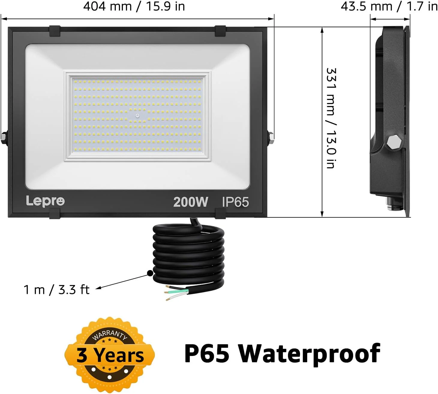 Lepro Outdoor LED Flood Light (200W, 10000LM, 5000K Daylight White) - Image 3