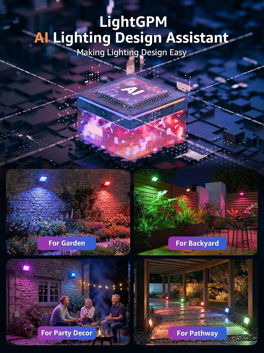 Lepro 30W Smart Flood Lights Outdoor, 2700LM RGBW Color Changing, IP65 Waterproof, 2700K Warm White & 16M Colors, App/Voice/Alexa/Google Home Control, US Plug - Image 3