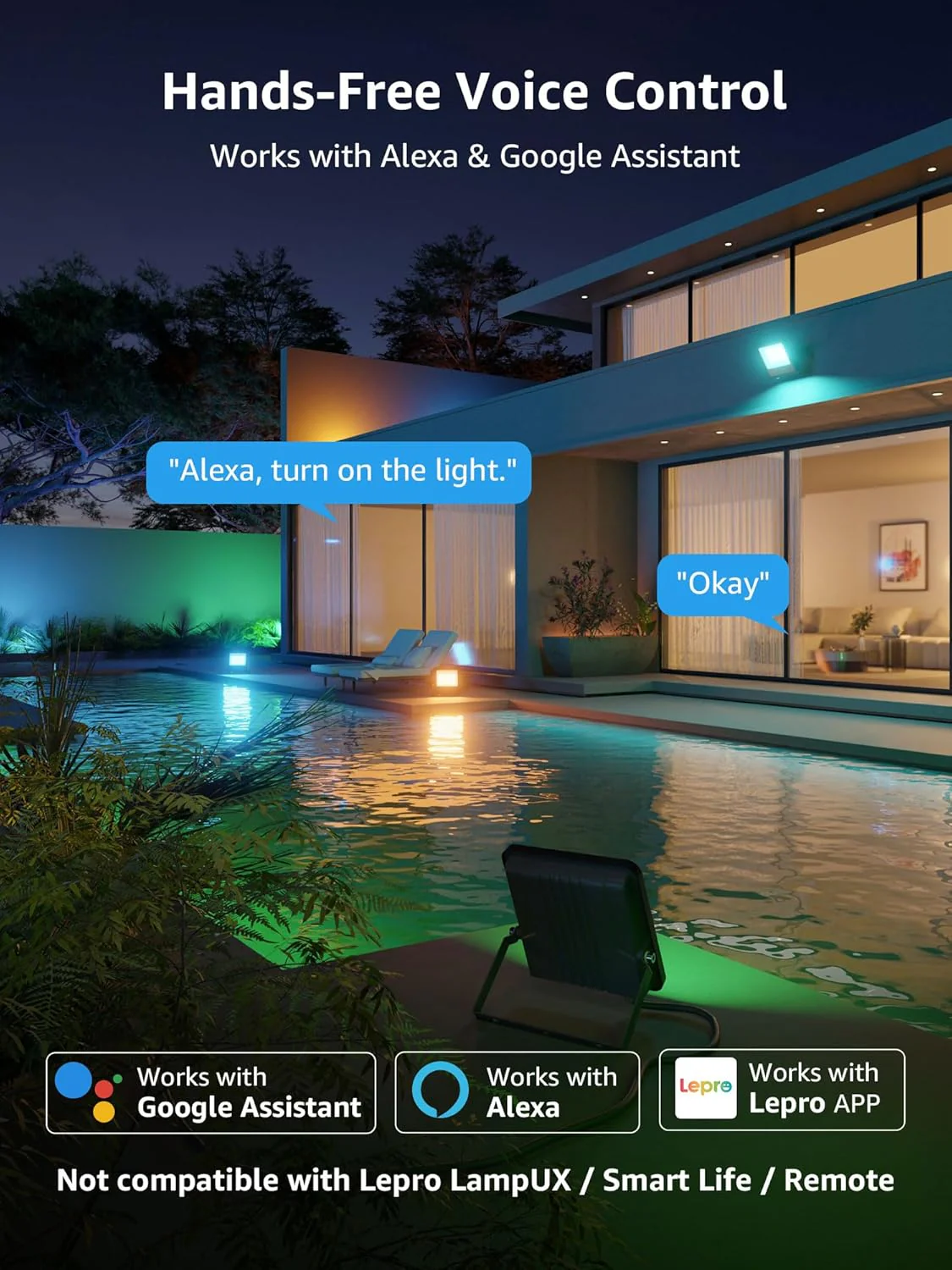 Lepro 30W Smart Flood Lights Outdoor, 2700LM RGBW Color Changing, IP65 Waterproof, 2700K Warm White & 16M Colors, App/Voice/Alexa/Google Home Control, US Plug - Image 7