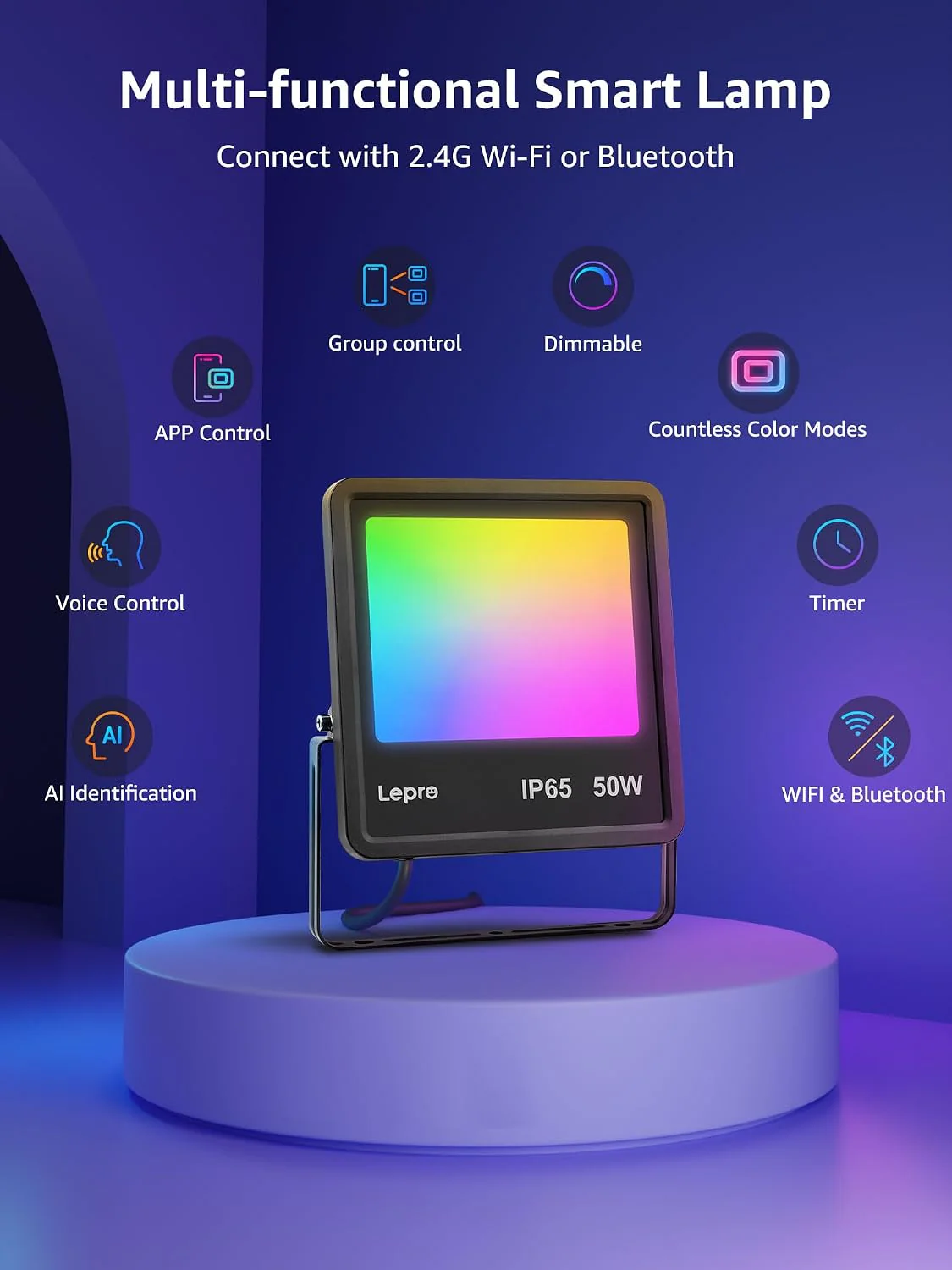 Lepro 30W Smart Flood Lights Outdoor, 2700LM RGBW Color Changing, IP65 Waterproof, 2700K Warm White & 16M Colors, App/Voice/Alexa/Google Home Control, US Plug - Image 9