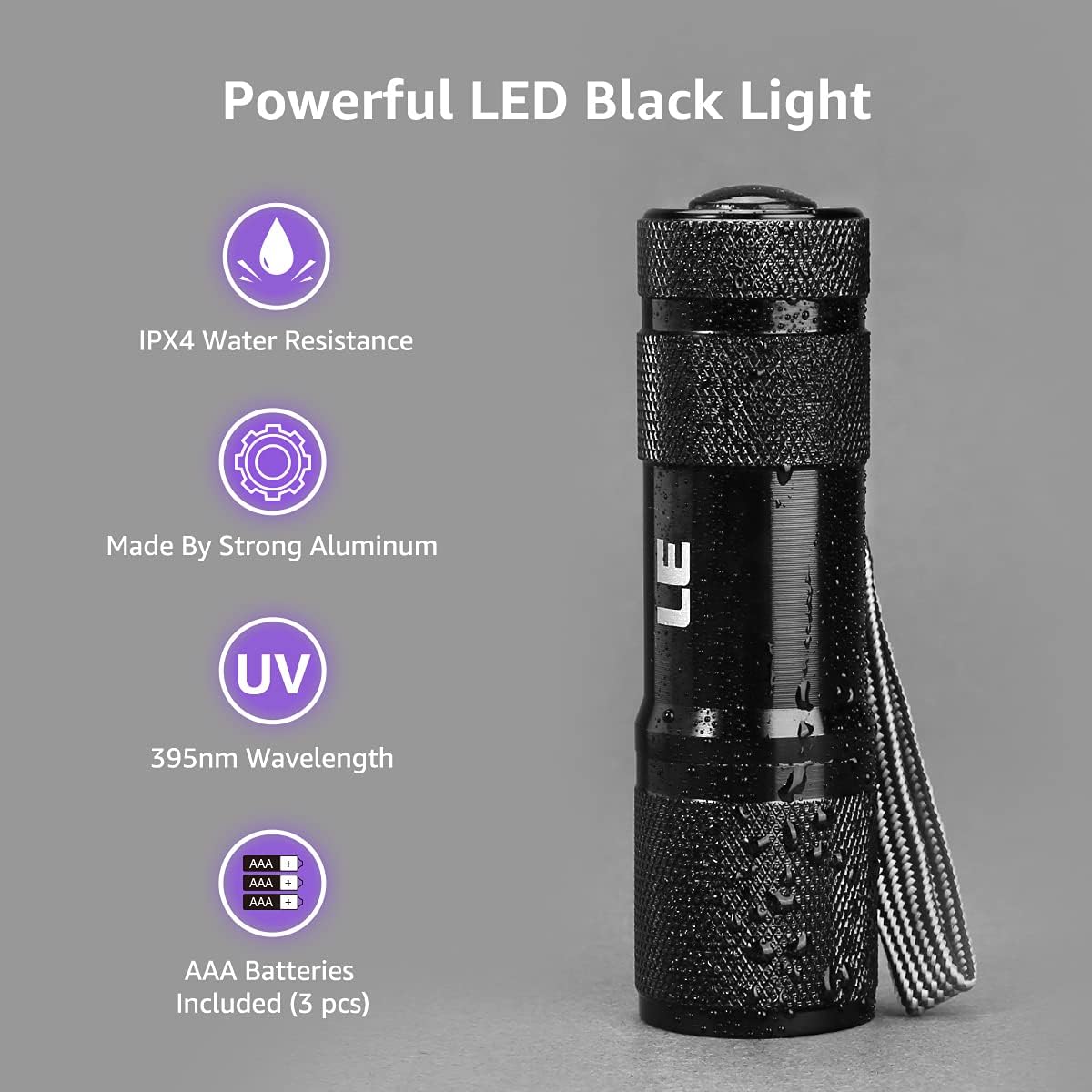 Lepro 395nm UV Black Light Flashlight, Portable Ultraviolet Stain Detector with AAA Batteries - Image 3