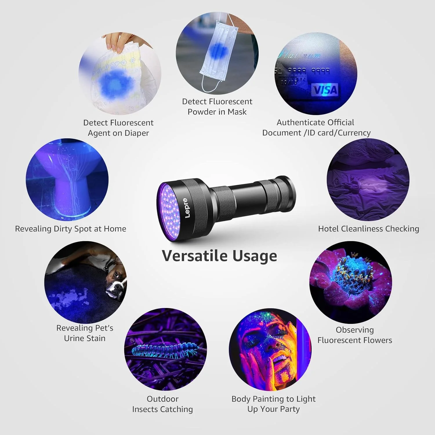 Lepro 395nm UV Black Light Flashlight with 51 LEDs, Heavy-Duty Handheld Pet Urine & Scorpion Detector - Image 5