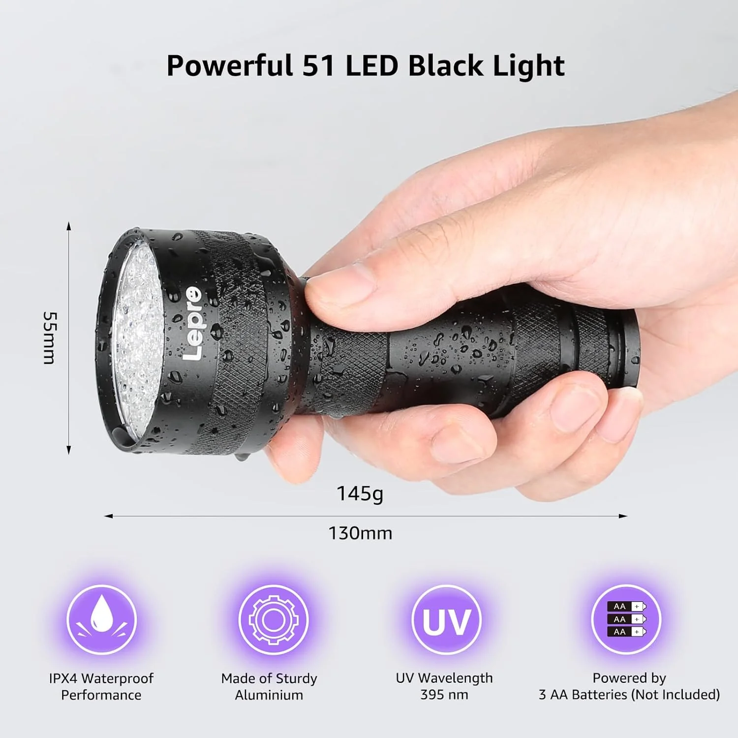 Lepro 395nm UV Black Light Flashlight with 51 LEDs, Heavy-Duty Handheld Pet Urine & Scorpion Detector - Image 6