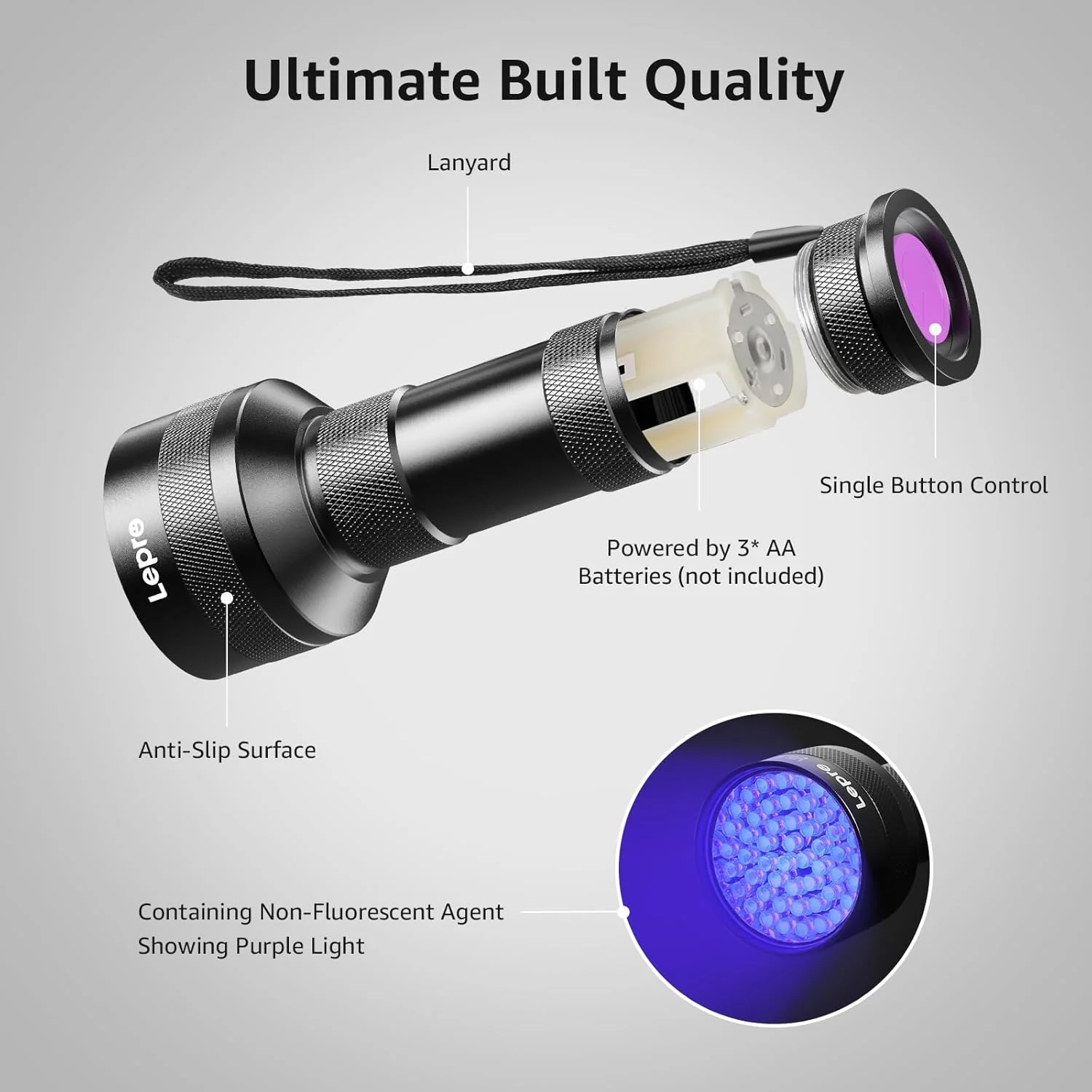 Lepro 395nm UV Black Light Flashlight with 51 LEDs, Heavy-Duty Handheld Pet Urine & Scorpion Detector - Image 7