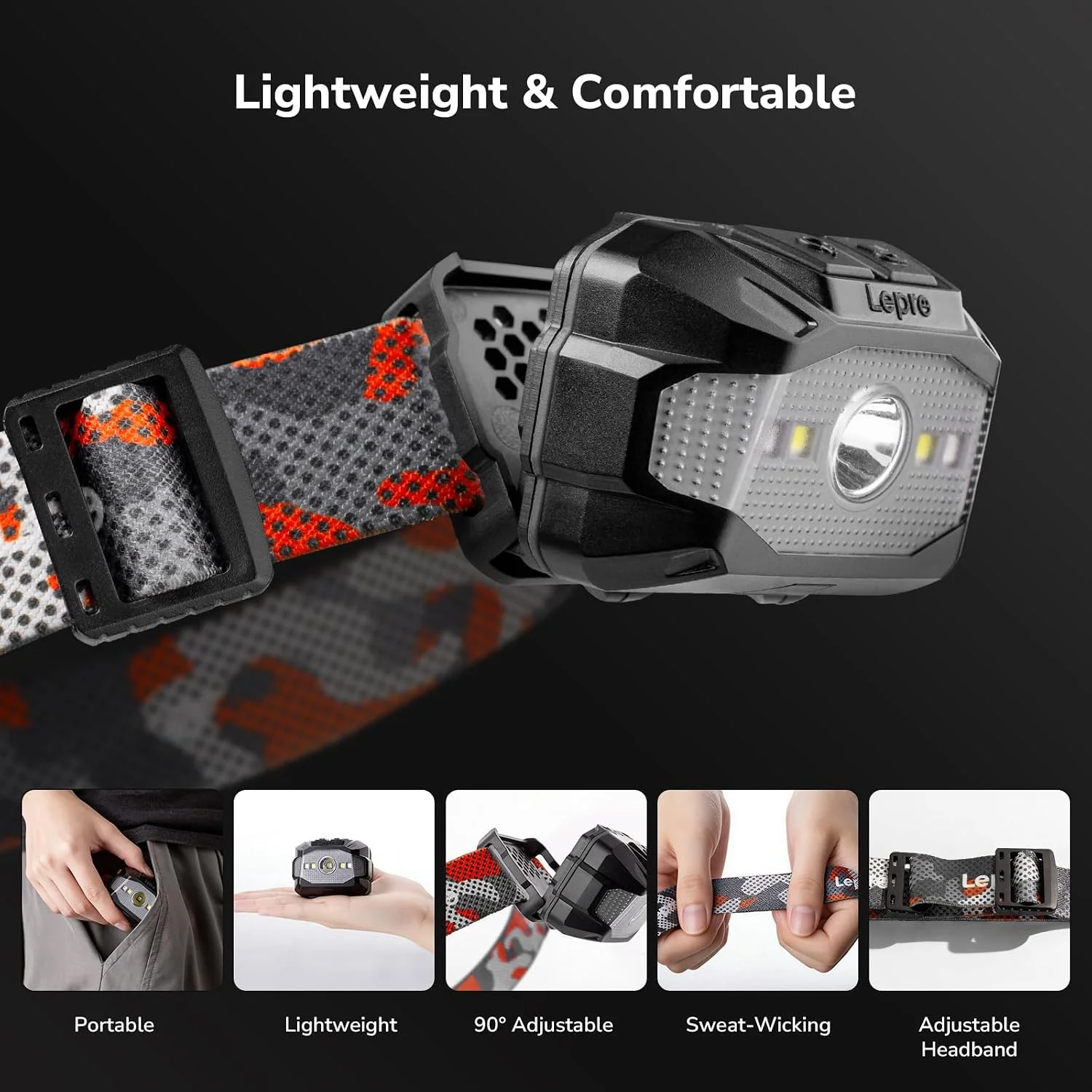 Lepro Dual Power Headlamp, Rechargeable LED Headlamp with Type-C & AAA Backup, 10 Modes with Red Light, Lightweight IPX4 Water Resistant Head Light for Camping, Running, Hiking, Emergency - Image 5