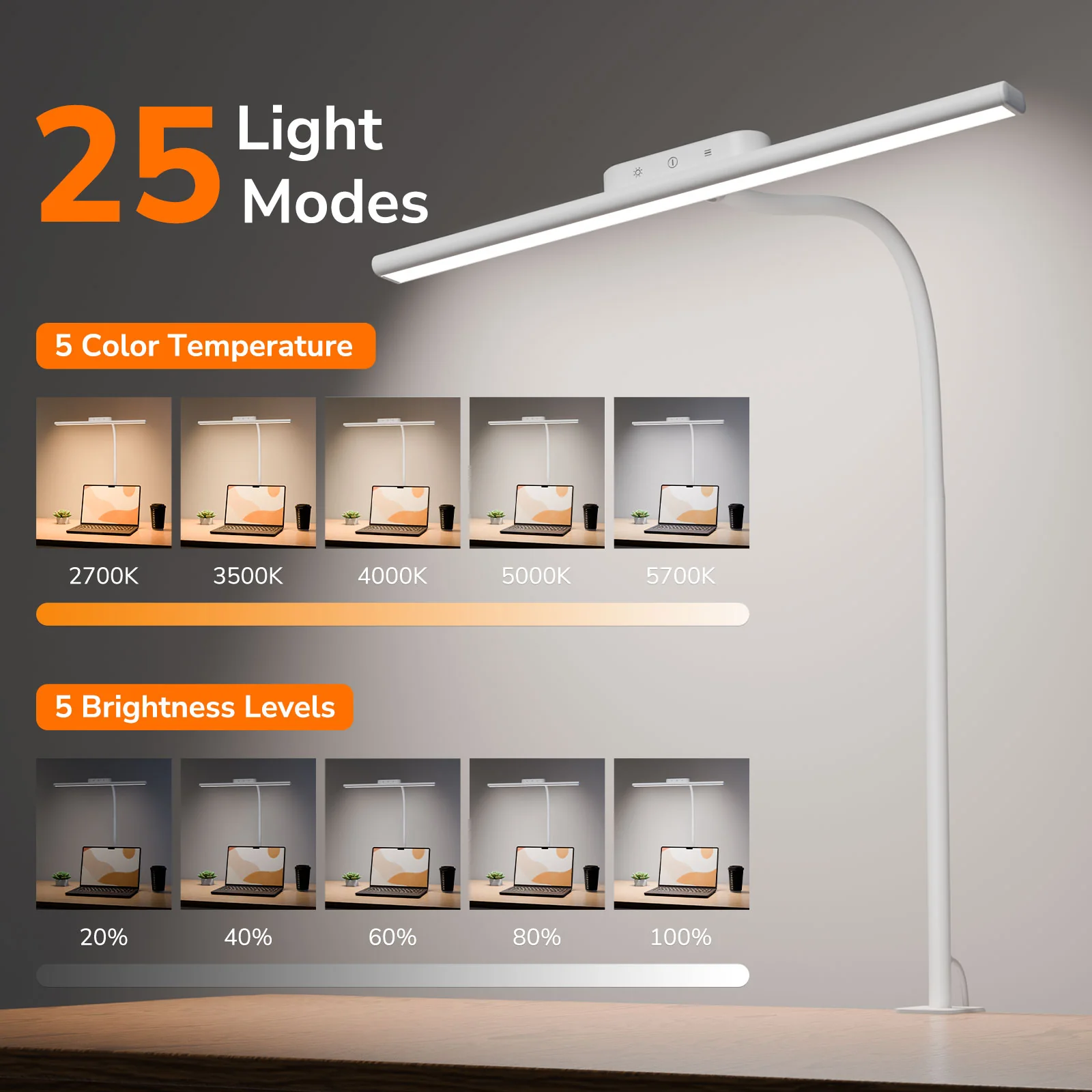 Lepro Led Desk Lamp for Home Office, Metal Architect Lamp with Clamp, 11W 750LM Eye-Caring Task Light, 25 Lighting Modes, Flexible Gooseneck for Monitor, Workbench, Drafting, Crafts, Reading - Image 5