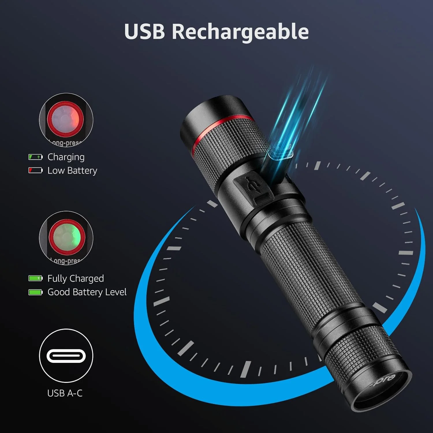 Lepro LED Flashlight Rechargeable, 3W 7500K, 5V Input, with Type-A to Type-C Cable, IPX4 Waterproof, Zoomable, 5 Lighting Modes, 150LM - Image 2
