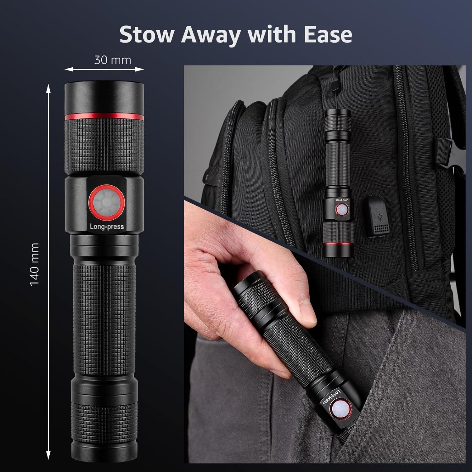 Lepro LED Flashlight Rechargeable, 3W 7500K, 5V Input, with Type-A to Type-C Cable, IPX4 Waterproof, Zoomable, 5 Lighting Modes, 150LM - Image 7