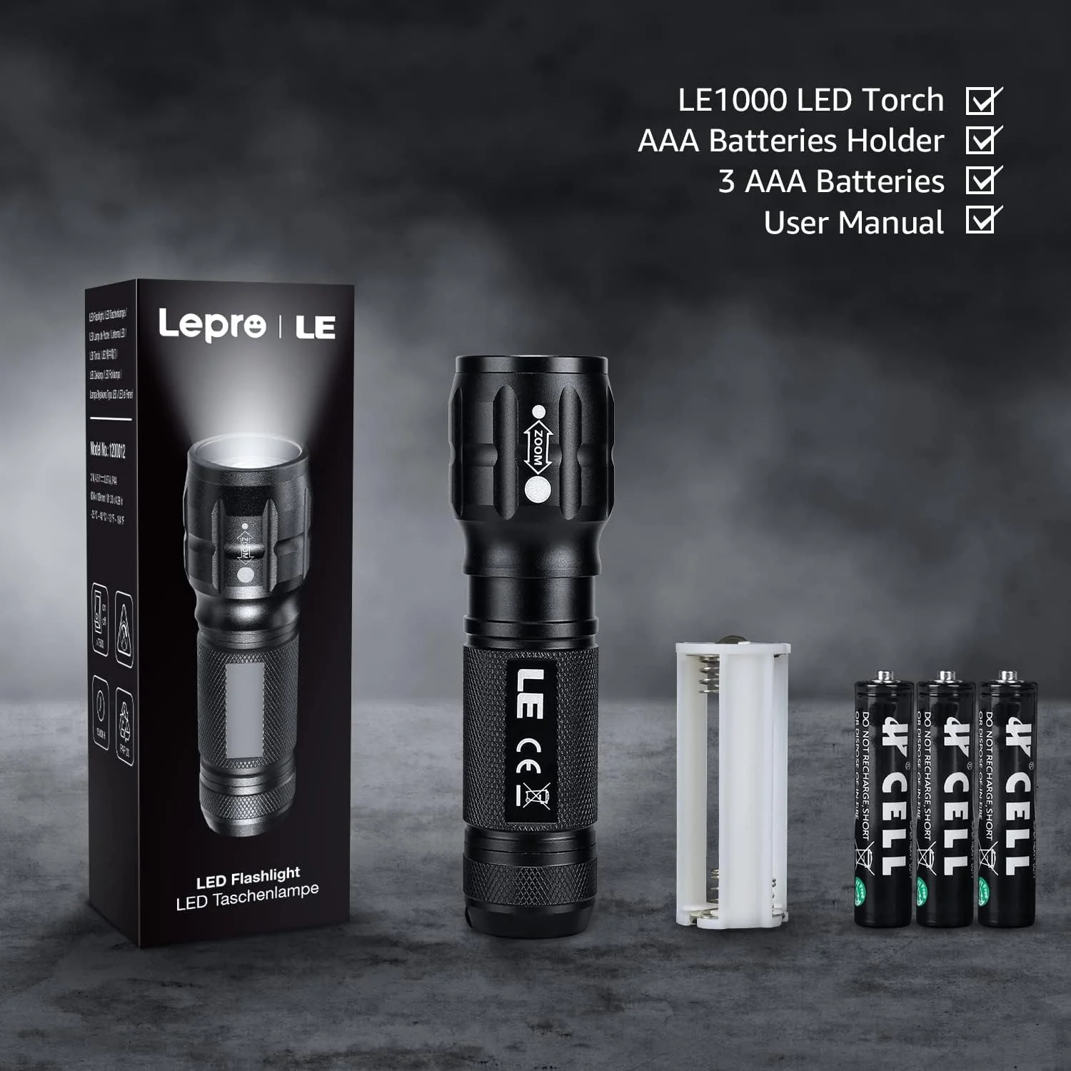 Lepro Portable LED Flashlight (Black, High Lumens, Waterproof, AAA Batteries Included) - Image 5