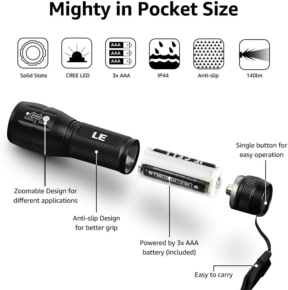 Lepro Portable LED Flashlight (Black, High Lumens, Waterproof, AAA Batteries Included) - Image 7
