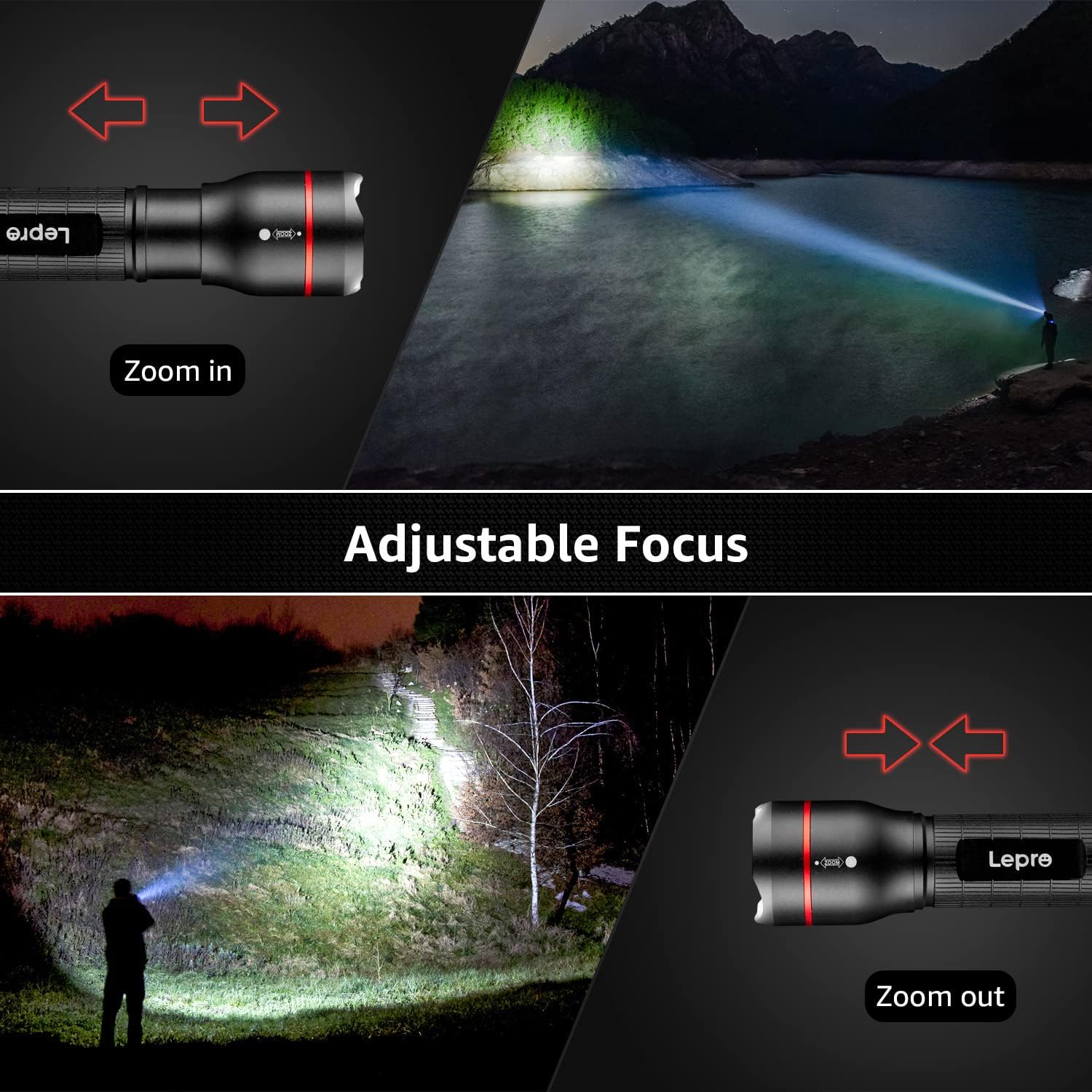 Lepro Battery-Powered Tactical LED Flashlight 2 Pack, 300 Lumens Zoomable Compact Torch - Image 4