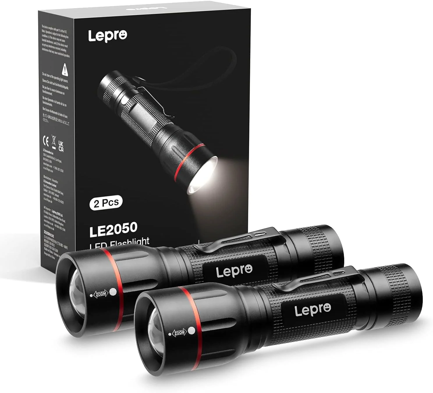 Lepro Dual-Fuel Tactical LED Flashlights 2 Pack, 300 Lumens Zoomable Torch with Clip