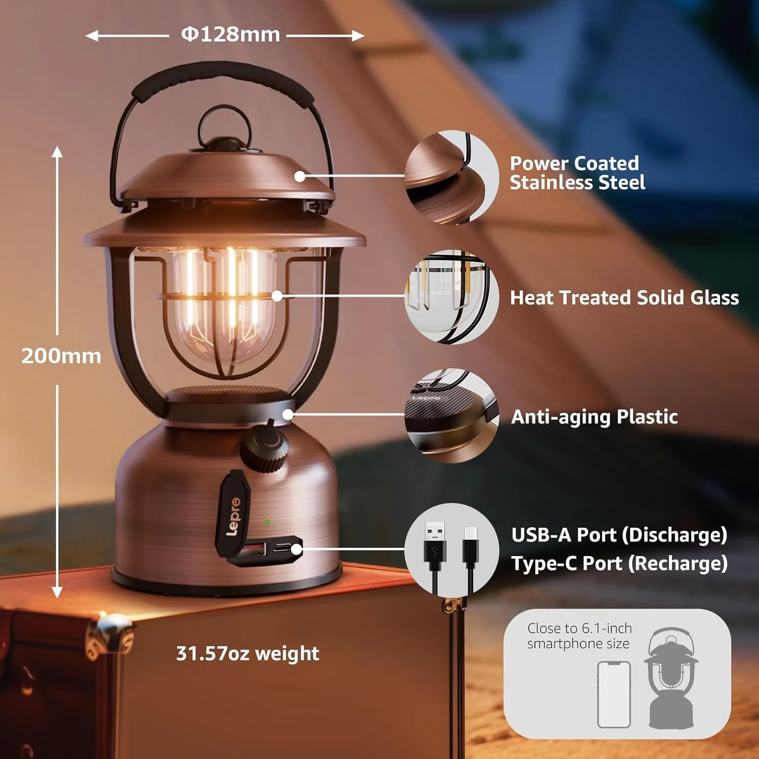 Lepro Vintage LED Rechargeable Camping Lantern (15000mAh Power Bank, 1000LM Stepless Dimming, IPX4 Waterproof Retro Torch) - Image 4
