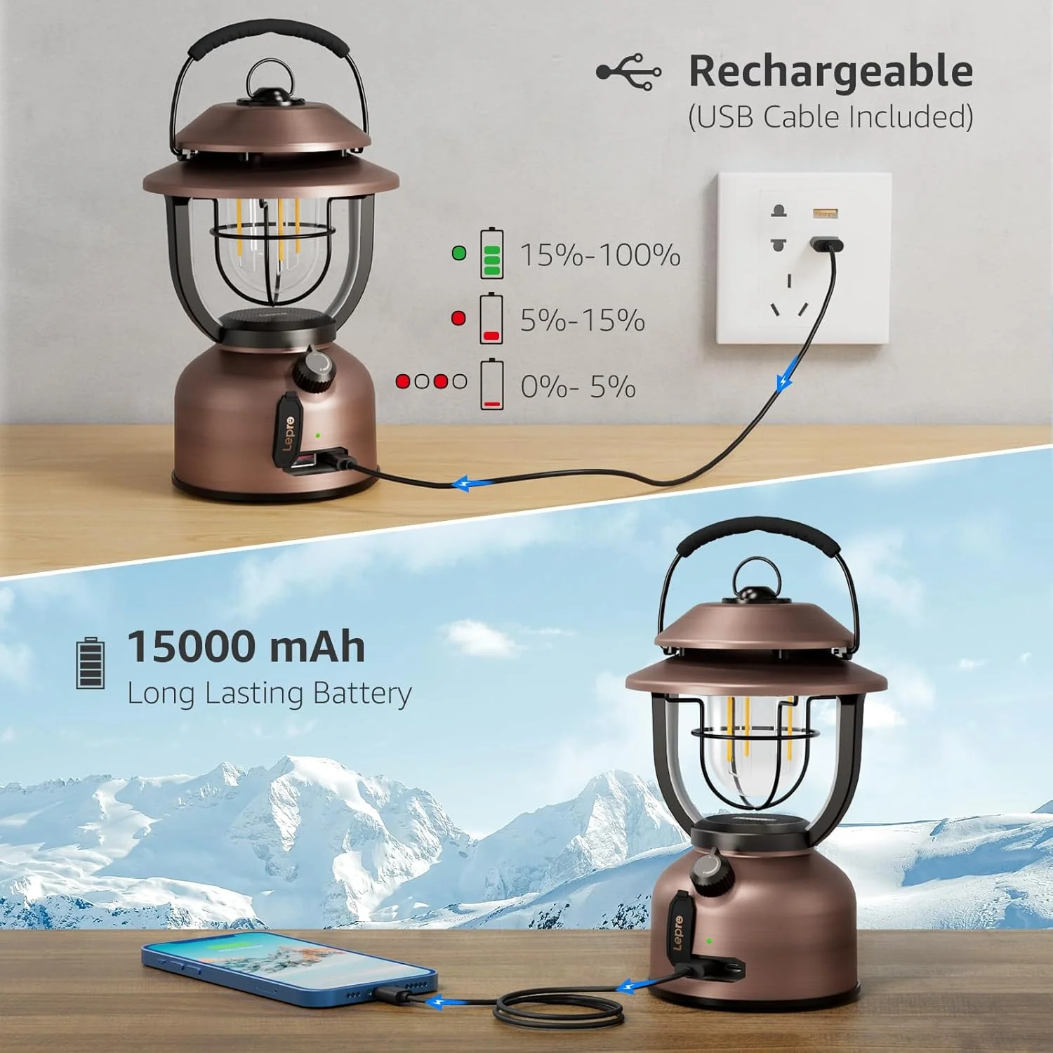 Lepro Vintage LED Rechargeable Camping Lantern (15000mAh Power Bank, 1000LM Stepless Dimming, IPX4 Waterproof Retro Torch) - Image 5