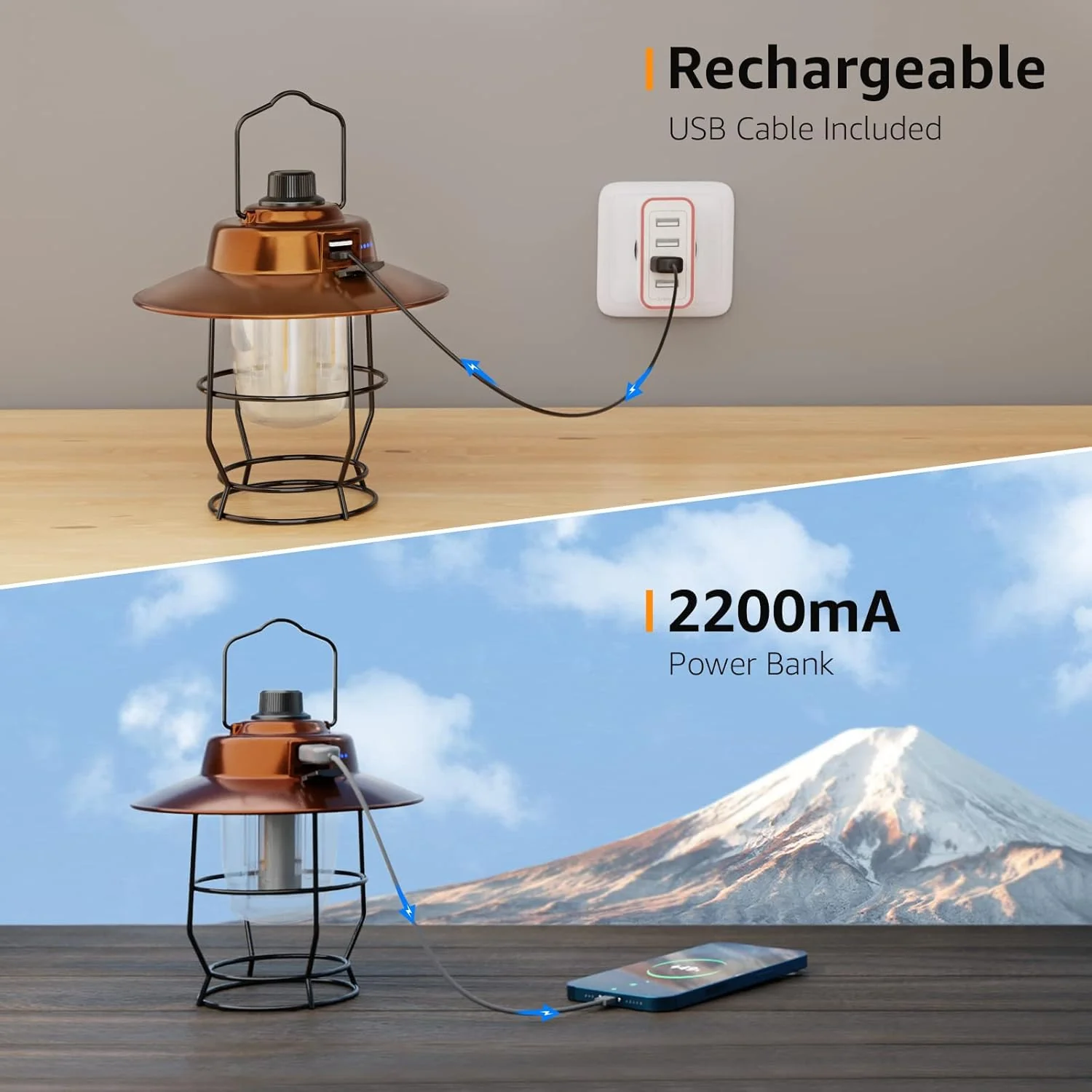 Lepro Vintage LED Rechargeable Camping Lantern (Power Bank, 450LM 3 Lighting Modes, IPX4 Waterproof Retro Hanging Tent Light) - Image 3