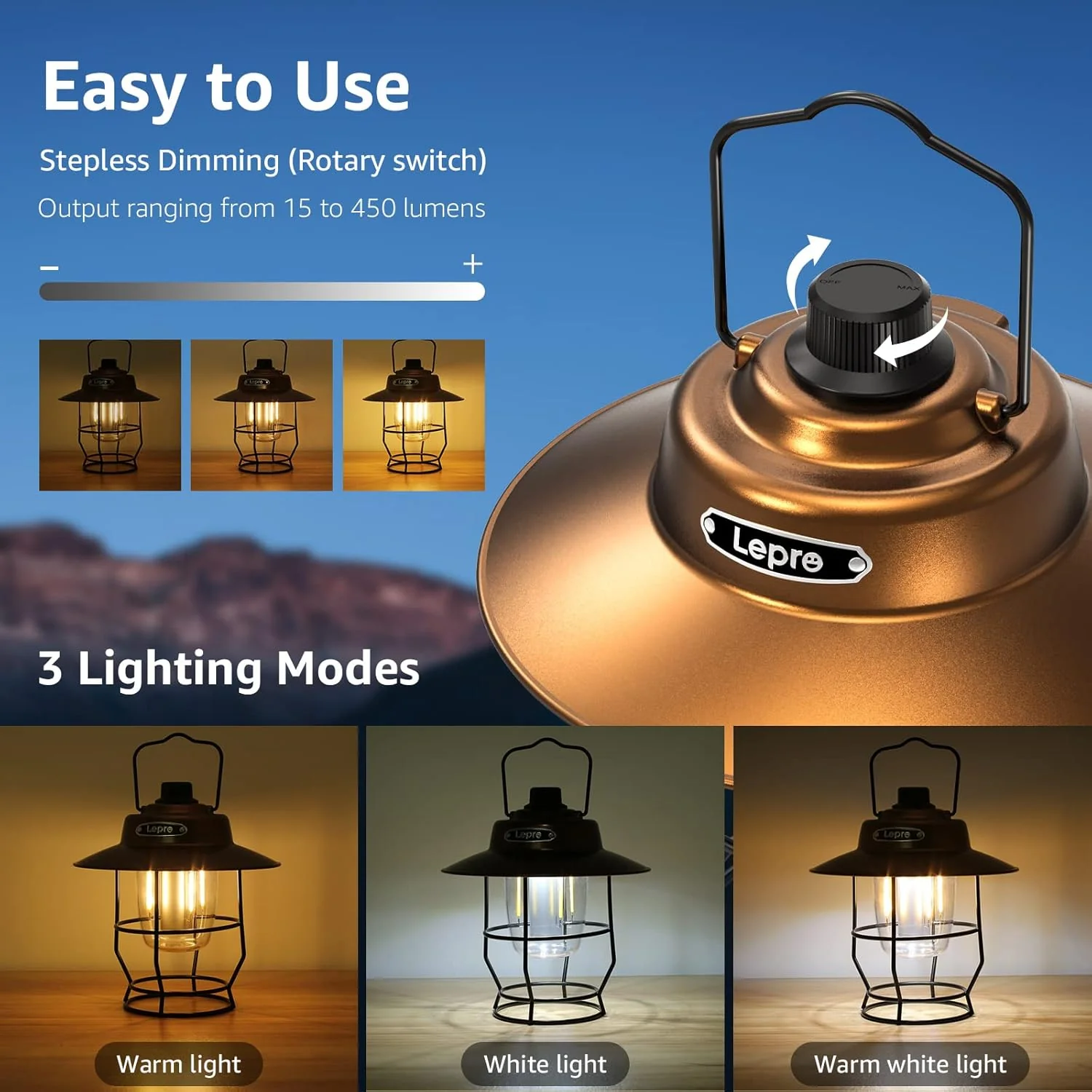 Lepro Vintage LED Rechargeable Camping Lantern (Power Bank, 450LM 3 Lighting Modes, IPX4 Waterproof Retro Hanging Tent Light) - Image 4