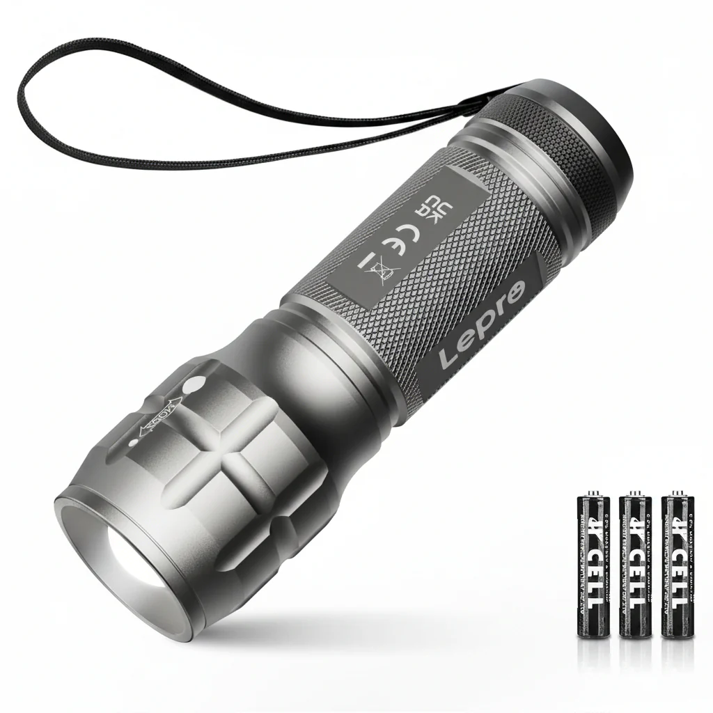 Lepro Portable LED Flashlight (Gray, High Lumens, Waterproof, AAA Batteries Included)