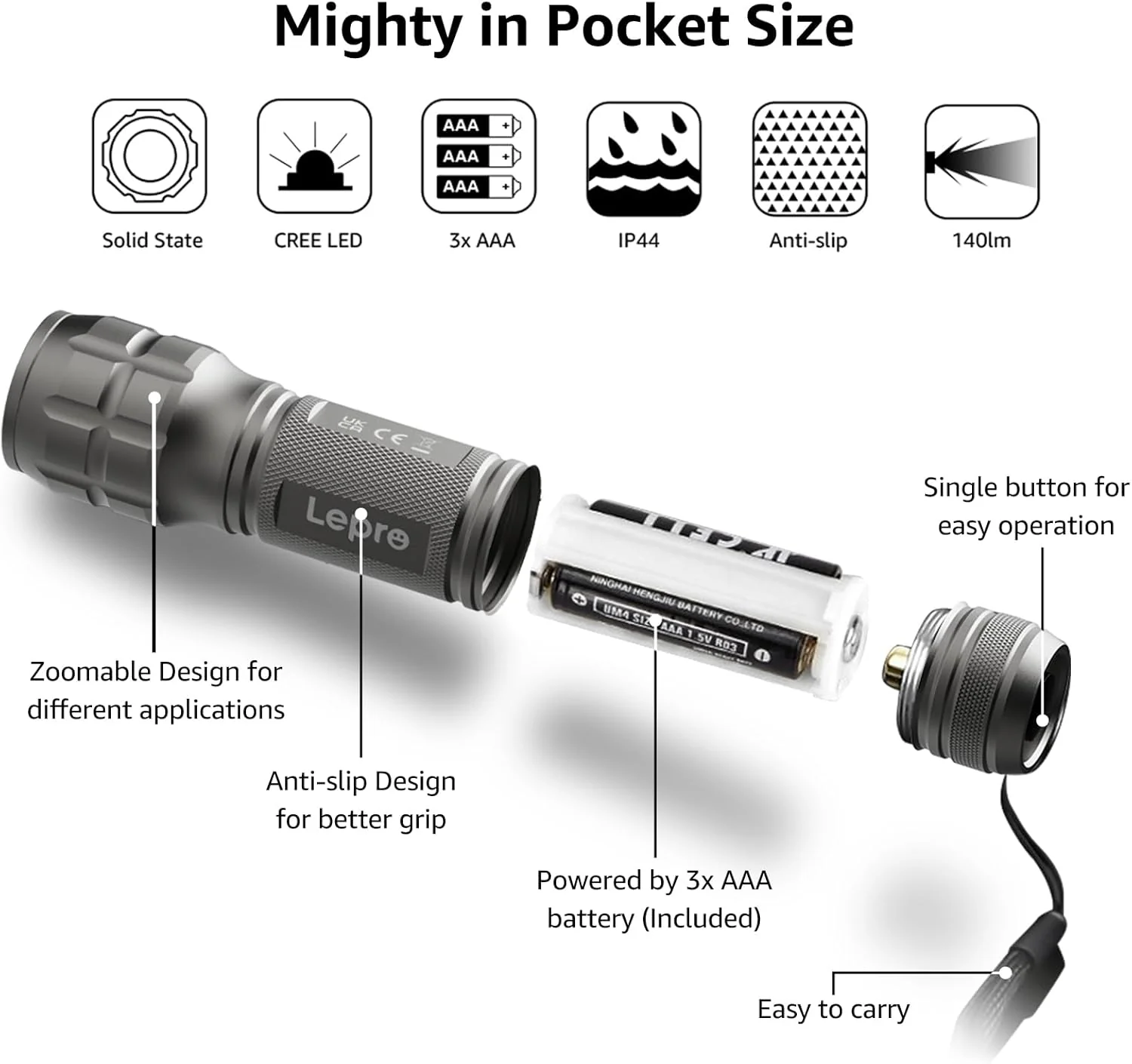Lepro Portable LED Flashlight (Gray, High Lumens, Waterproof, AAA Batteries Included) - Image 4