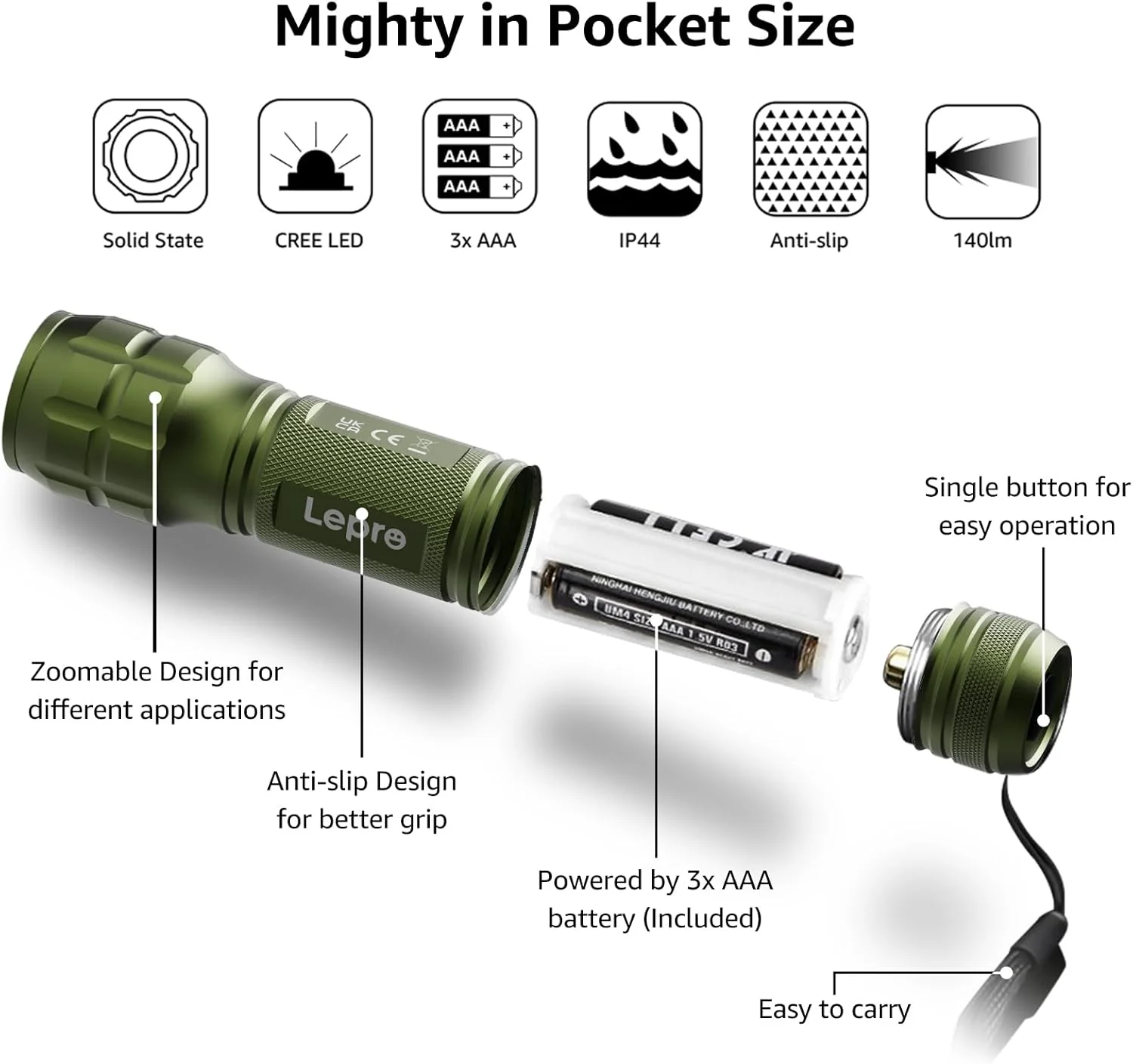 Lepro Portable LED Flashlight (Green, High Lumens, Waterproof, AAA Batteries Included) - Image 4