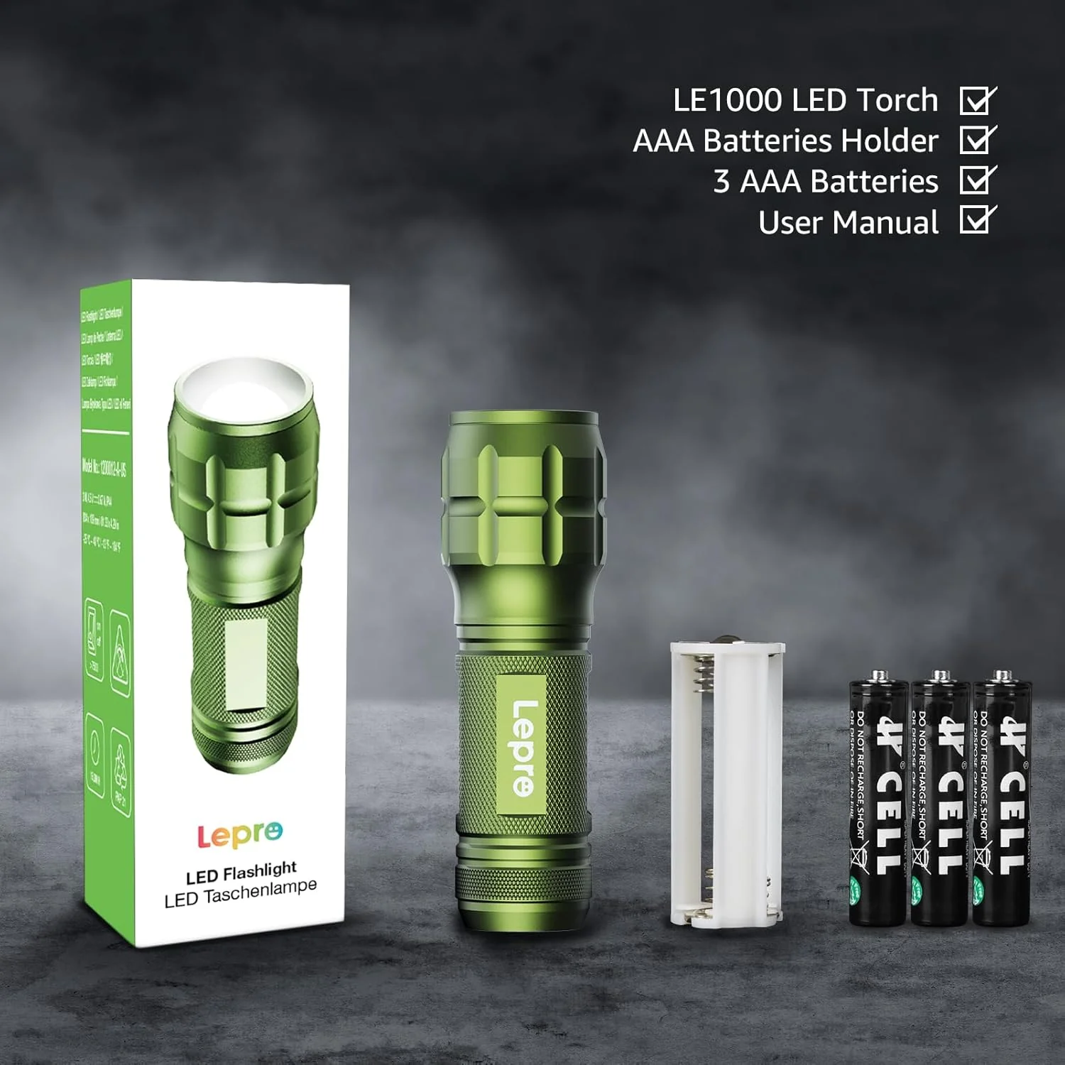 Lepro Portable LED Flashlight (Green, High Lumens, Waterproof, AAA Batteries Included) - Image 5